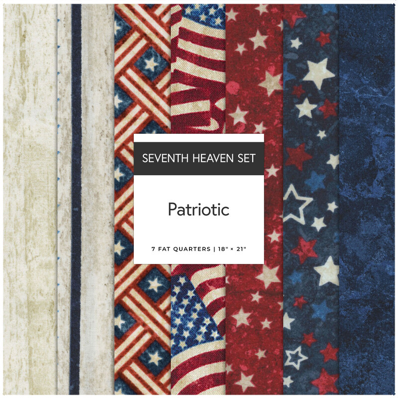 A collage of 7 patriotic red, white, and blue fabrics in the Patriotic seventh heaven set