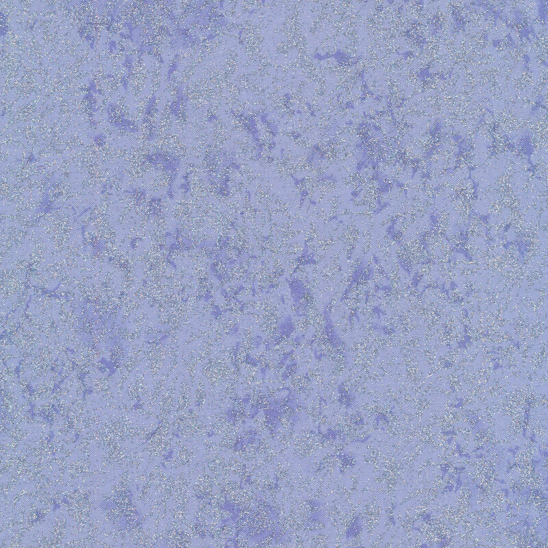 Tonal light periwinkle fabric features mottled design with metallic frost accents