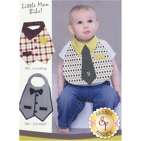 A young boy is wearing a large, colorful bib that resembles a shirt and tie. The image features three different styles of playful bibs labeled Mr. Cowboy, Mr. Formal, and Little Man Bibs! at the top. The boy sits against a light background, showcasing the bib designs.