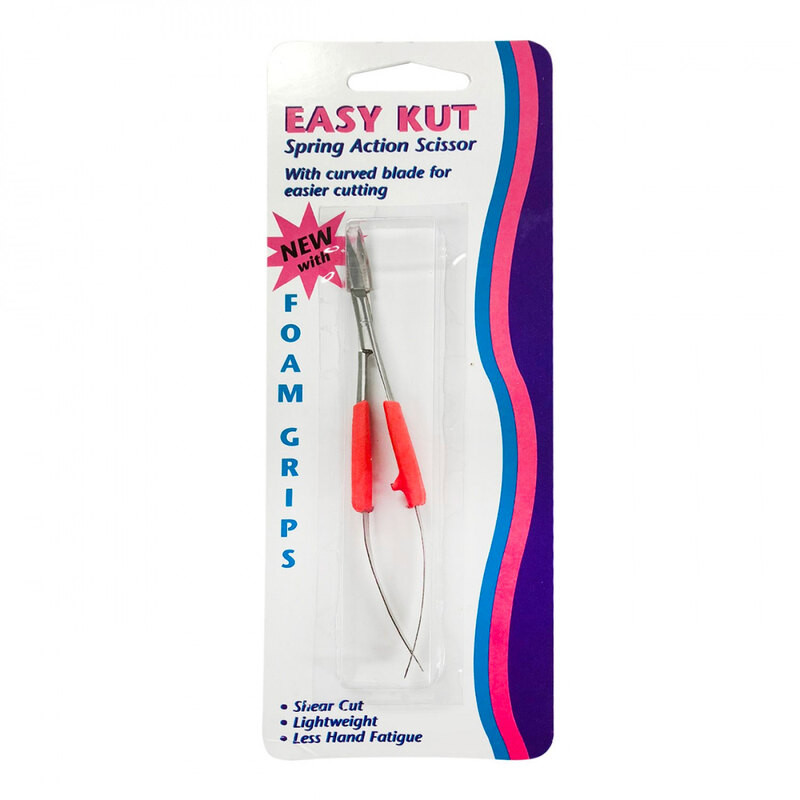 Packaging for Easy Kut scissors featuring a spring action design and foam grips for comfortable use.