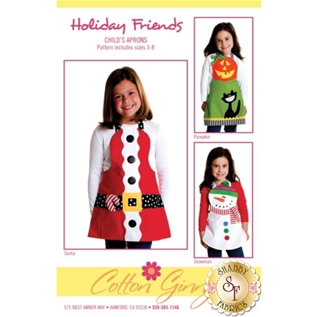 A collage of three images of children's aprons designed for holidays. The left apron features a Santa design, the middle apron has a pumpkin, and the right apron shows a snowman. The top text reads Holiday Friends, and there is a logo for Cotton Girl at the bottom.