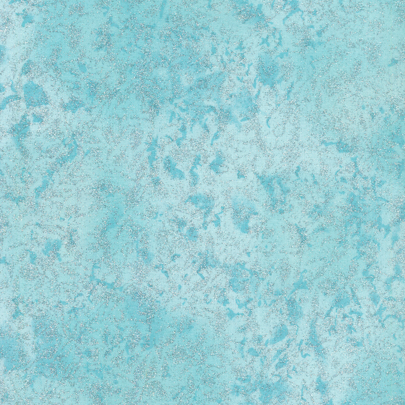 Tonal aqua blue fabric features mottled design with metallic glitter accents