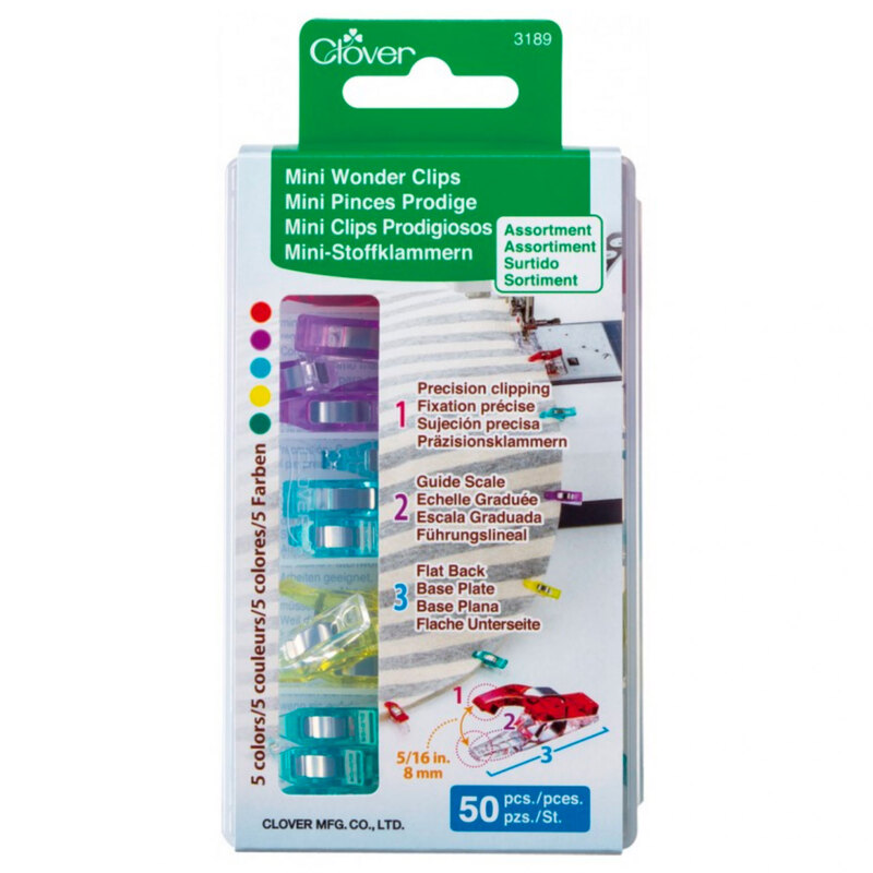 Package of 50 Mini Wonder Clips in various colors, designed for precision clipping in sewing. The packaging displays clear images and descriptions of the clips' features and uses.