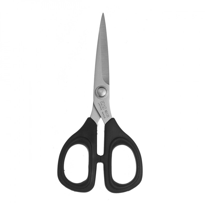 A pair of scissors with black handles and stainless steel blades, centered on a white background.