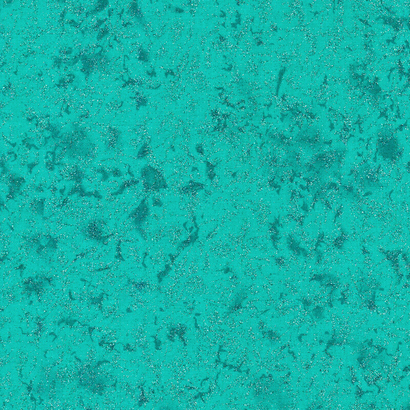 Tonal teal fabric features mottled design with metallic glitter accents