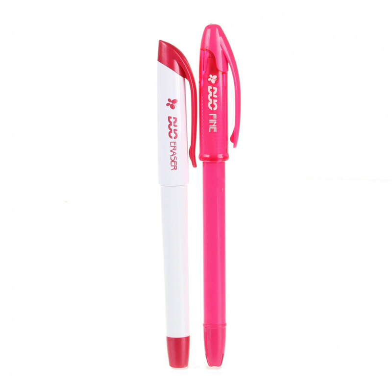 A pink and white Duo pen against a white background