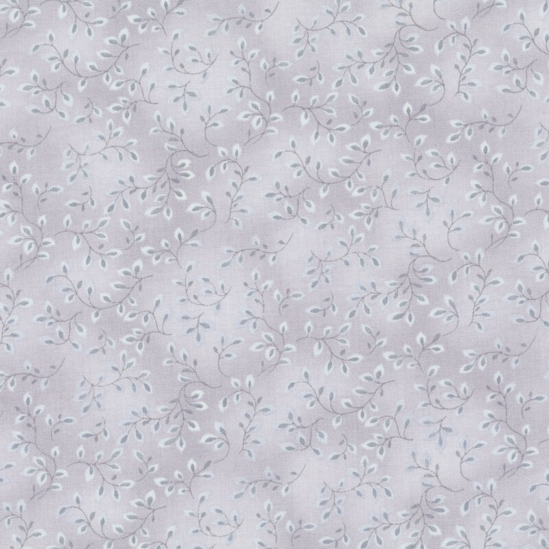 Light gray fabric with a swirling leafy vine pattern in tones of blue, silver, and purplish-gray.
