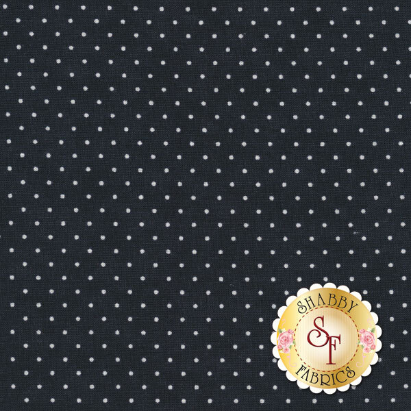 Jet black fabric with small white polka dots throughout