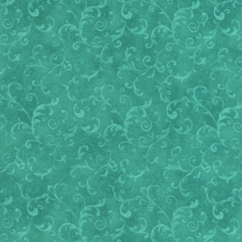 teal fabric with sprawling scroll designs