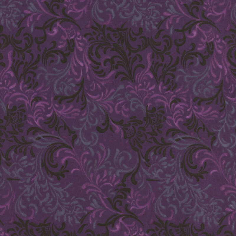 Purple and black pattern with intricate swirling designs on a textured background.