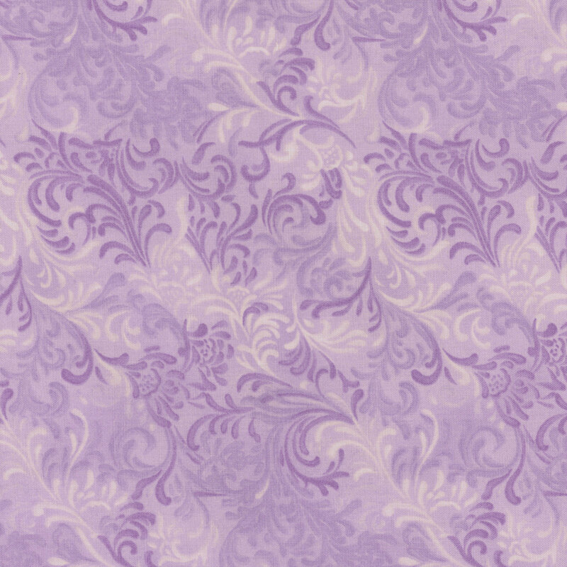 A seamless pattern of swirling floral designs in shades of lavender and cream.