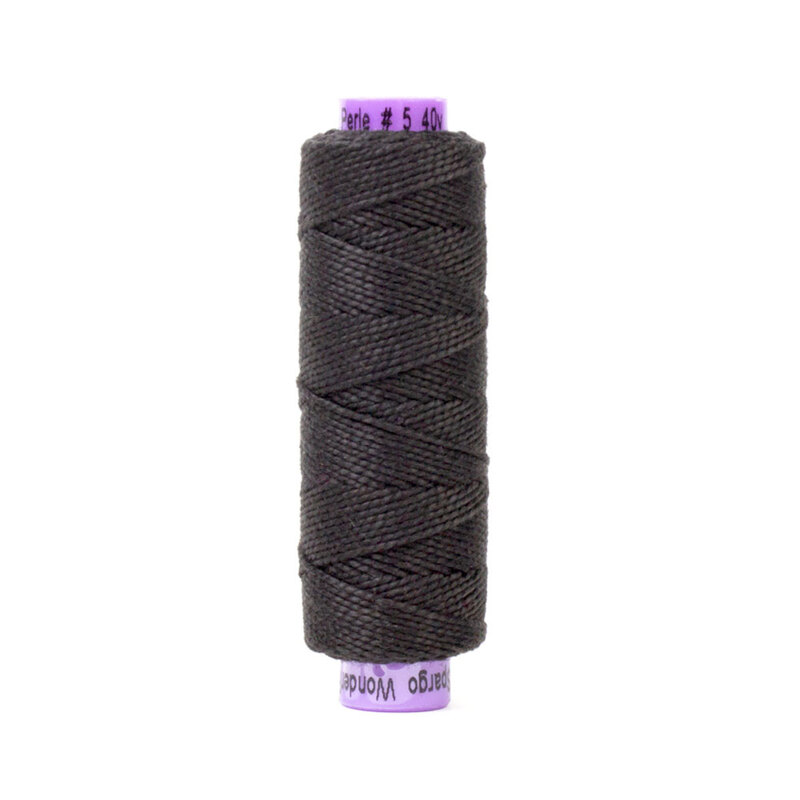 A spool of WonderFil Eleganza EZ05 Black Tie thread on a white background