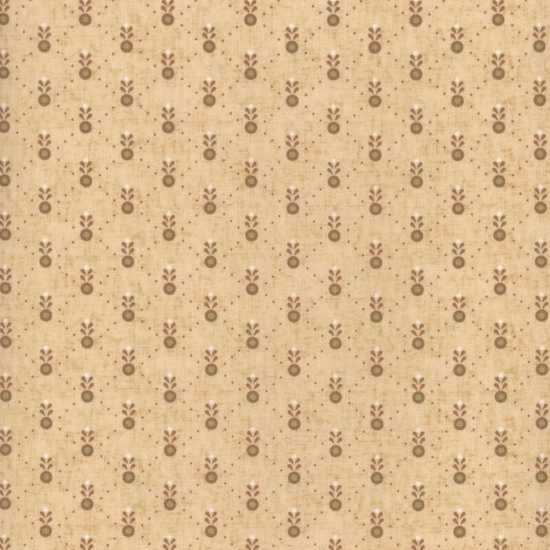 Fabric features tiny brown and green geometric diamond pattern on tan