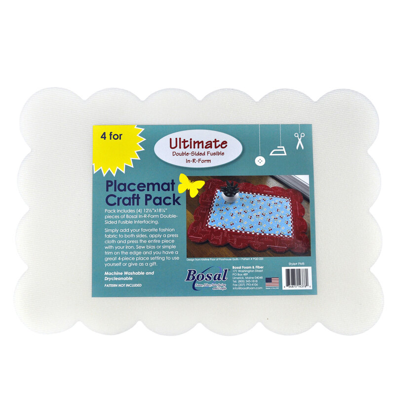 Package of 4 batting pieces with scalloped edges, labeled Ultimate Double-Sided Fusible Placemat Craft Pack featuring instructions and images.
