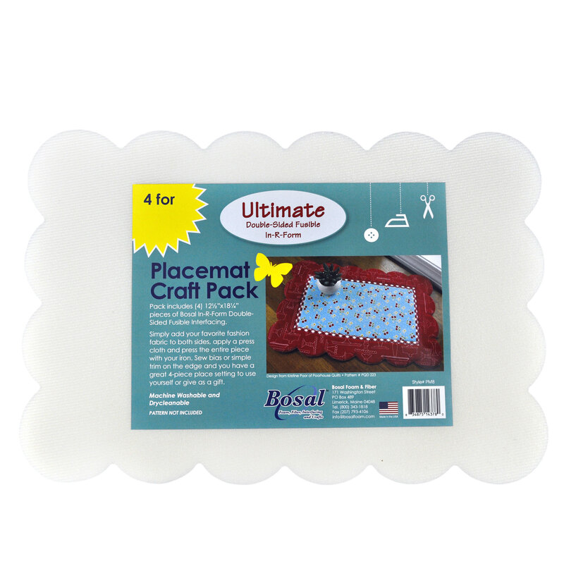 Package of 4 batting pieces with scalloped edges, labeled Ultimate Double-Sided Fusible Placemat Craft Pack featuring instructions and images.