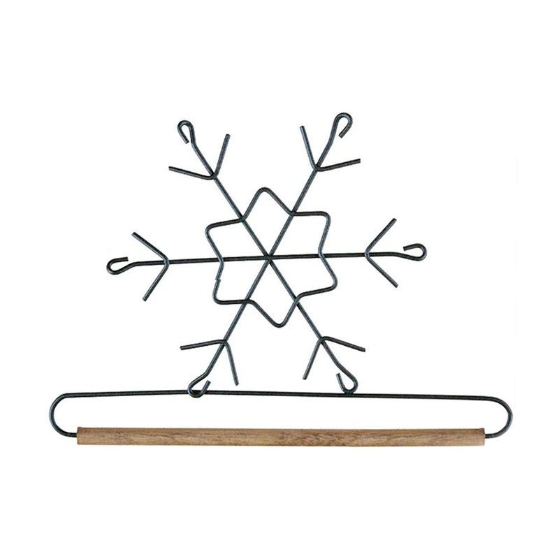 Black metal snowflake hanger with a wooden horizontal bar at the bottom.