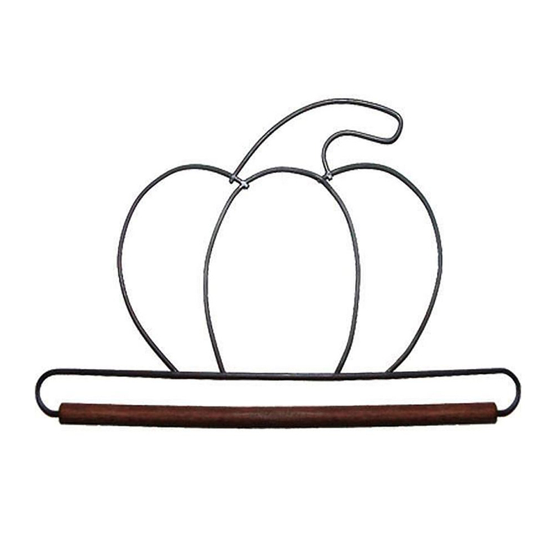 Metal wire art in the shape of a pumpkin with a wooden handle at the bottom for holding crafts.