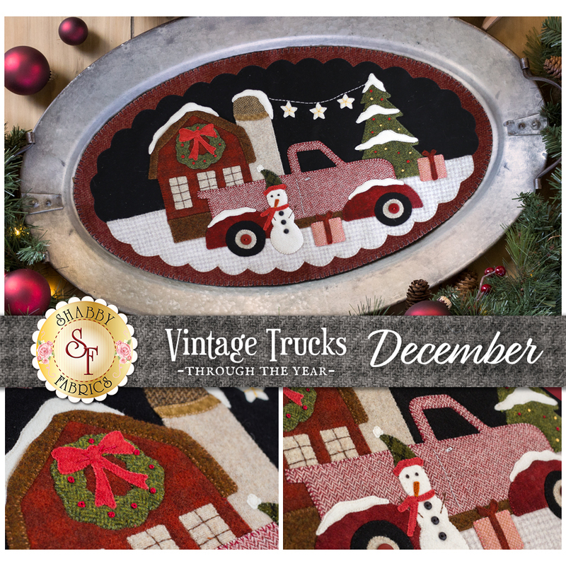 A decorative image featuring a pink vintage truck with a snowman and a holiday-themed house, set against a black background. The design includes Christmas trees and festive elements, with the text Vintage Trucks December and the logo of Shabby Fabrics.