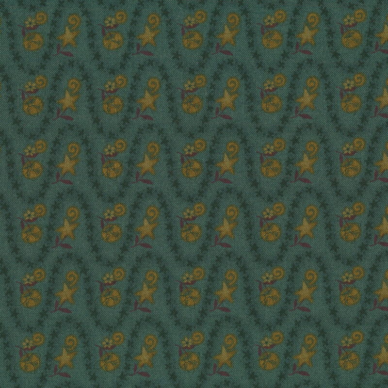 A repeating pattern of various decorative elements, including starfish, swirls, and plants, set against a dark teal background.