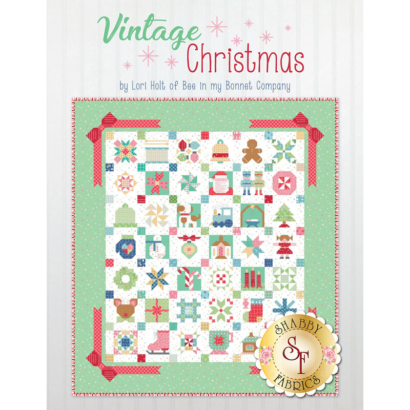 A quilt design titled Vintage Christmas featuring various holiday-themed blocks, including gingerbread men, snowmen, and Christmas trees, set against a light green background with a red border. The design includes decorative elements and text at the top.