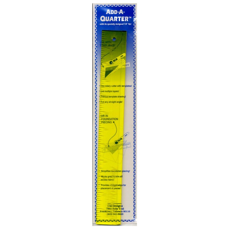 Yellow ruler designed for sewing, inside packaging featuring measurements and instructions.