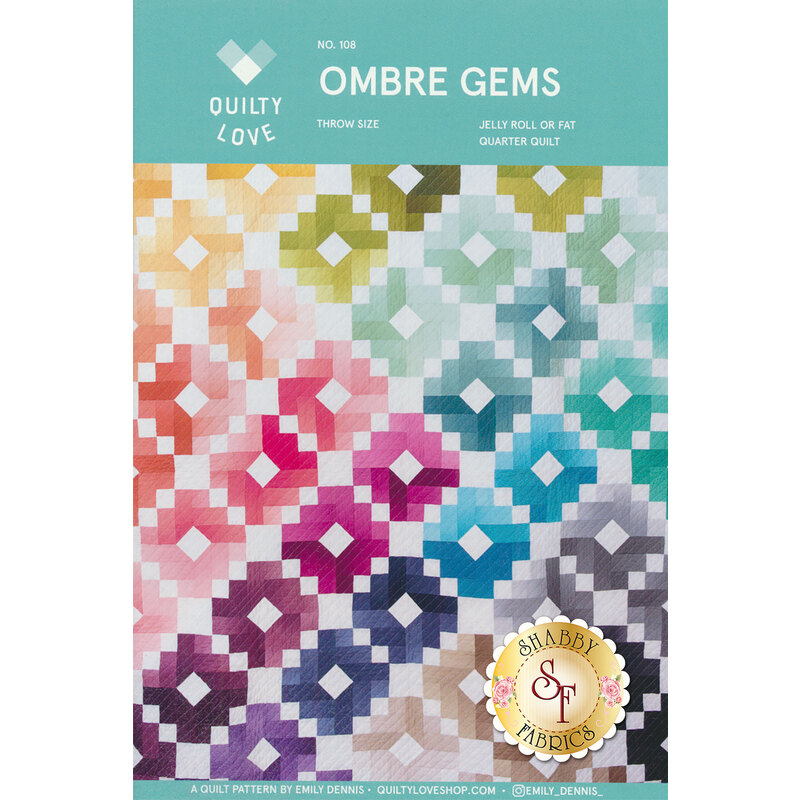 The front of the Ombre Gems Quilt pattern showing a geometric array of diamond-like blocks in a rainbow of colors.