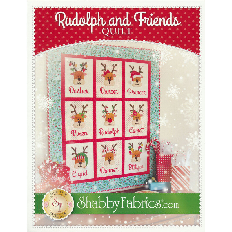 A quilt featuring nine reindeer blocks, labeled with names like Rudolph and Dasher, on a festive background.