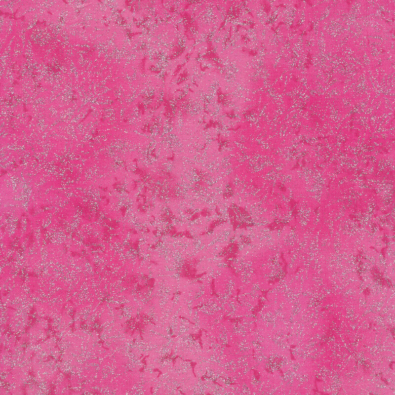 Tonal hot pink fabric features mottled design with metallic frost accents