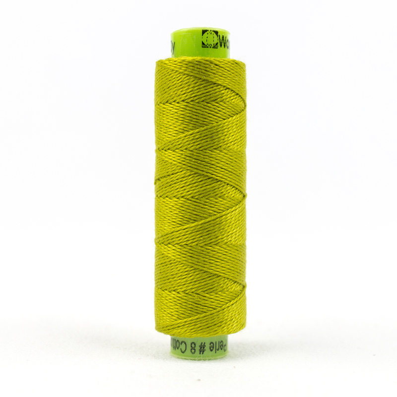 A spool of WonderFil Eleganza EZ31 Call-A-Treuse Thread on a white background