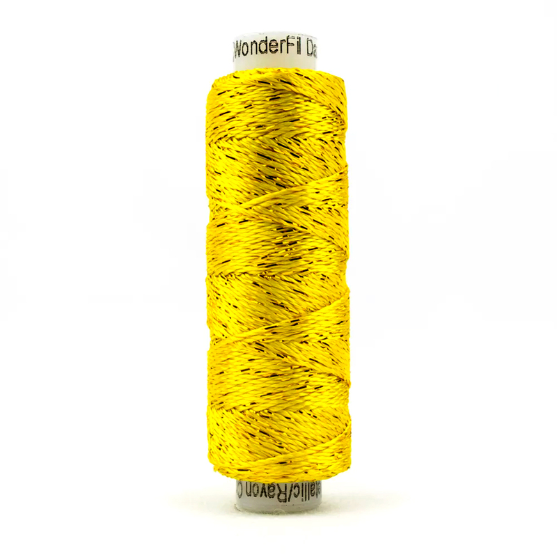 A spool of WonderFil Dazzle 2117 - Dandelion thread on a white background