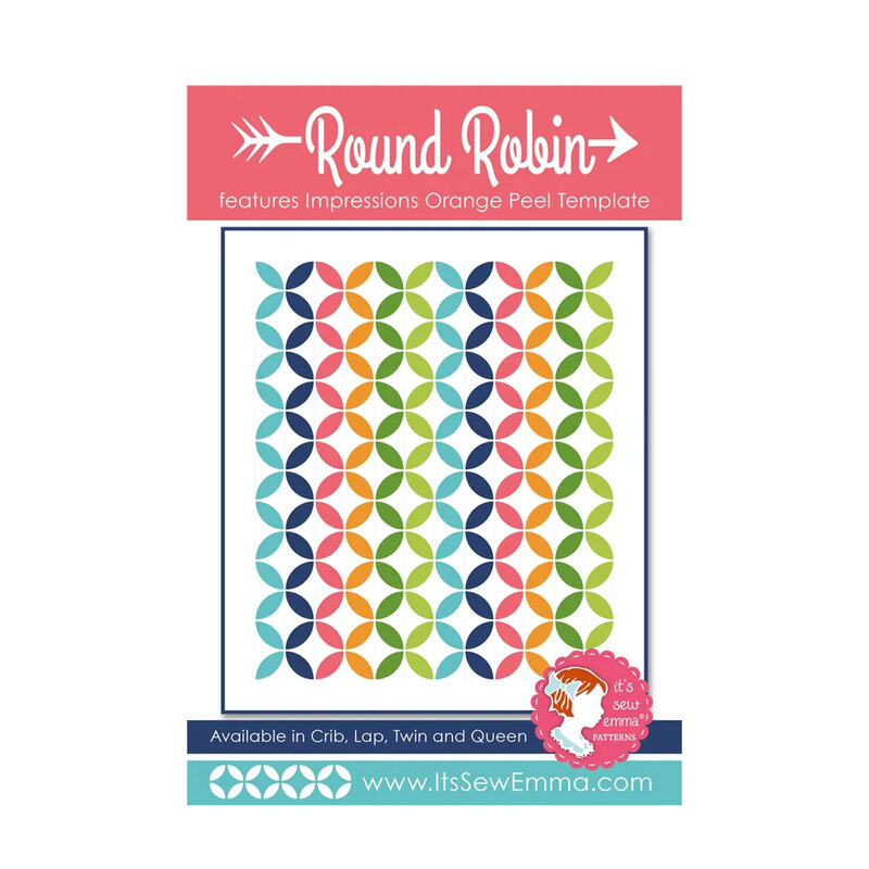 The front of the Round Robin quilt pattern showing a colorful quilt pattern featuring overlapping circles in blue, green, orange, and pink isolated on a white background.