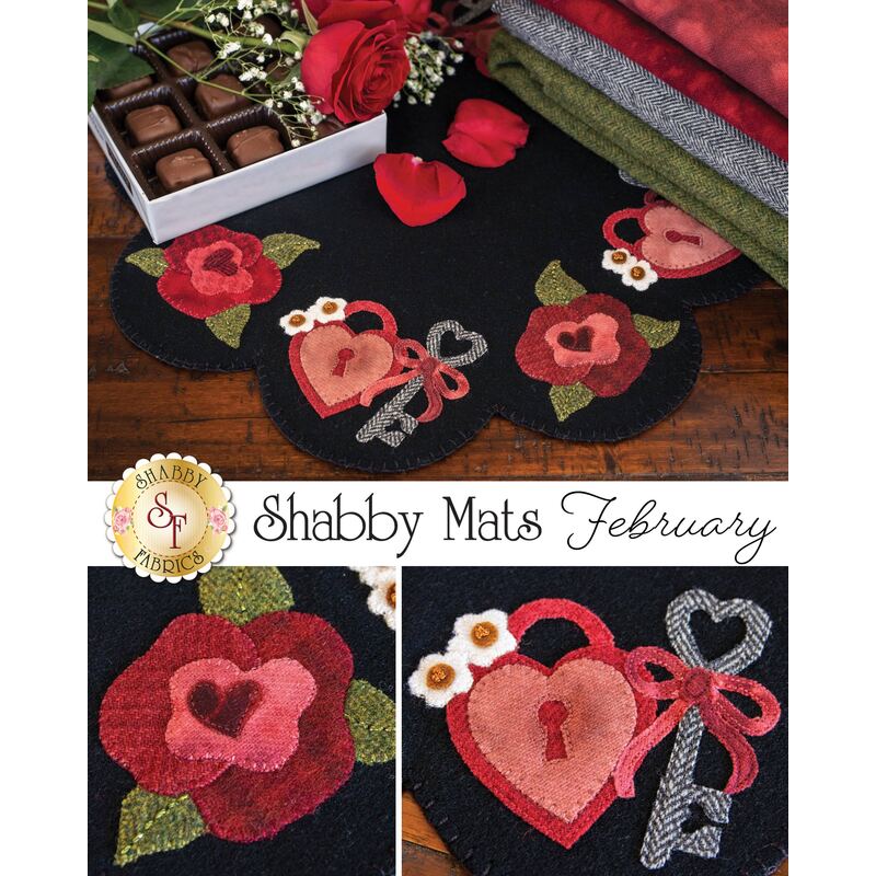 A decorative mat featuring heart designs with flowers and keys, alongside a box of chocolates and rose petals. The mat has a black background, with red and pink hearts, and small floral embellishments. The text Shabby Mats February is displayed prominently.