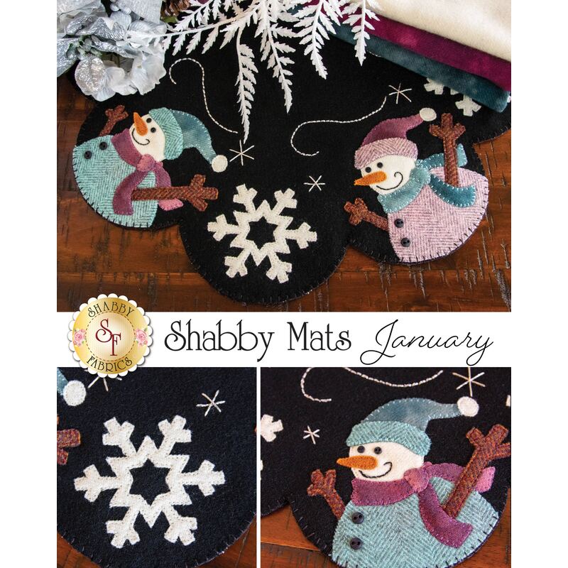 A decorative mat featuring two cheerful snowmen, one in teal and one in pink, against a black background. Snowflakes are also incorporated into the design. The text at the bottom reads Shabby Mats January.