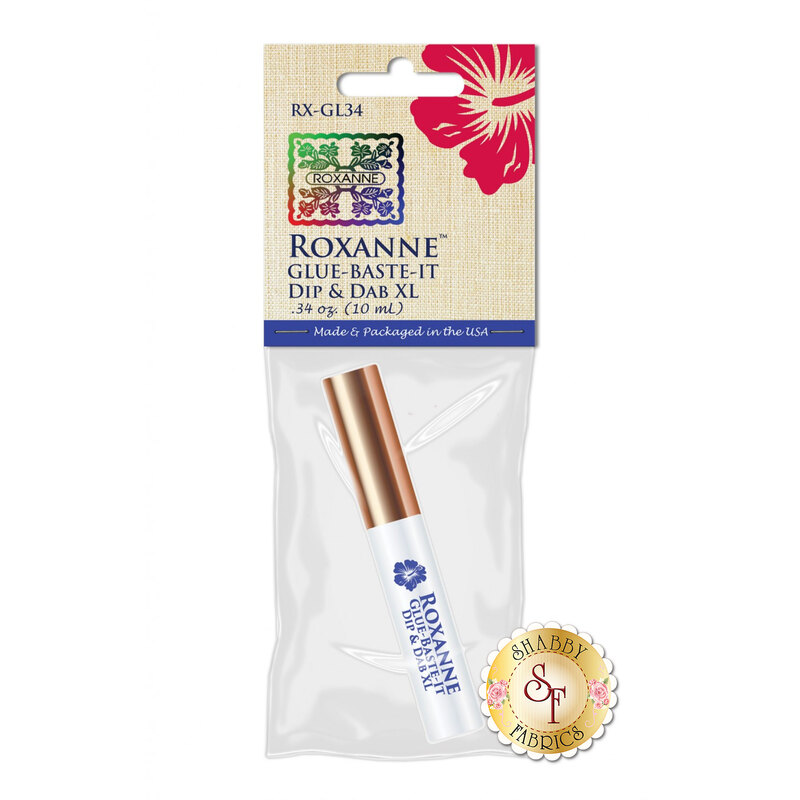 Package of Roxanne Glue-Baste-It Dip & Dab XL, 0.34 oz, featuring a white adhesive applicator with a gold cap.