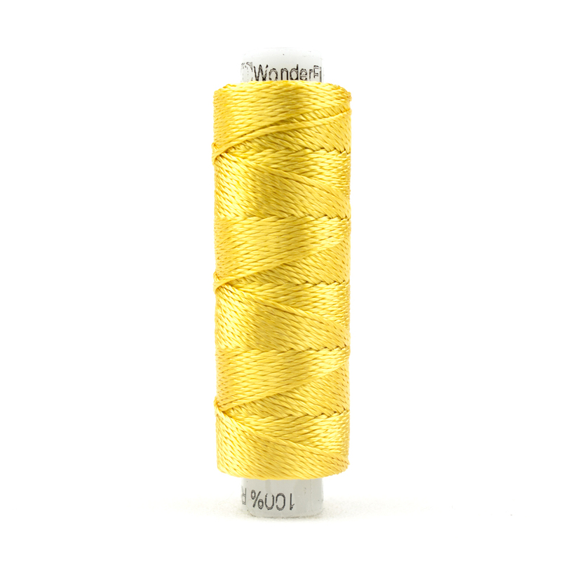 A spool of WonderFil Razzle RZ2115 Lemon Chrome thread on a white background