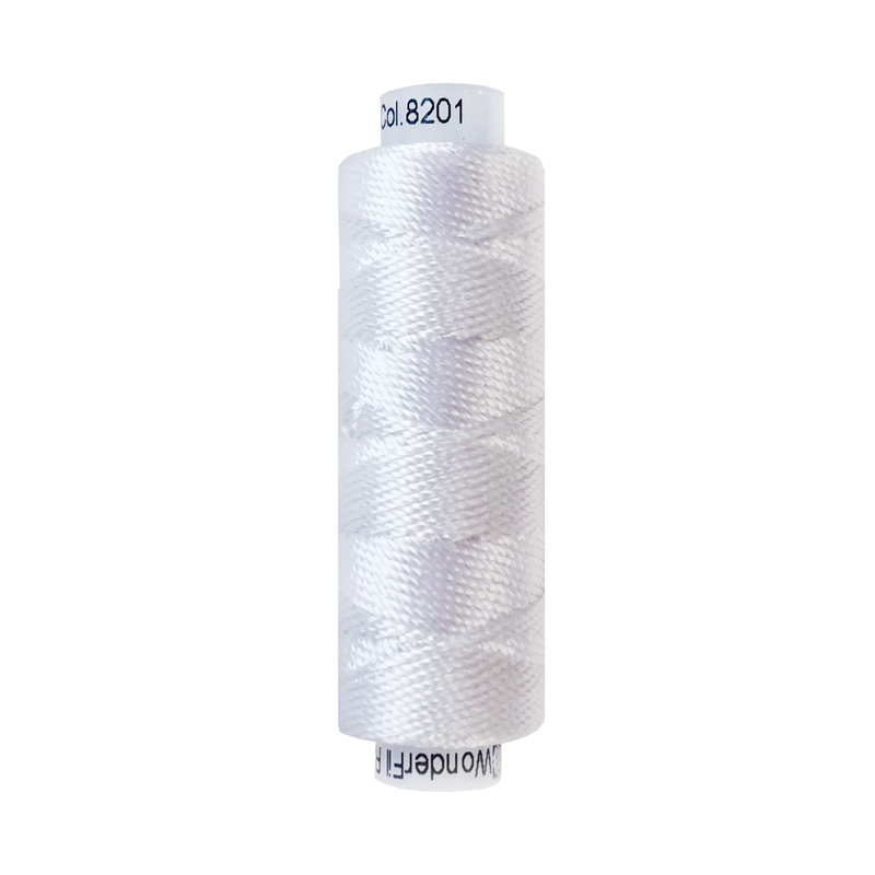 A spool of WonderFil Razzle 8201 White Thread on a white background