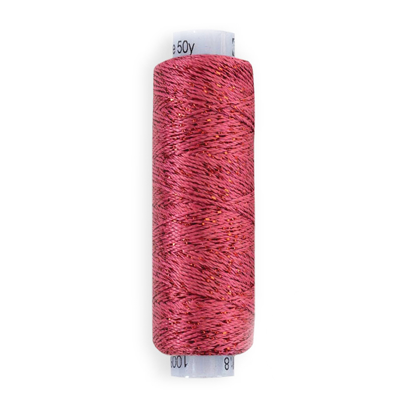 Spool of pinkish red thread with a textured finish, labeled with length and color information.