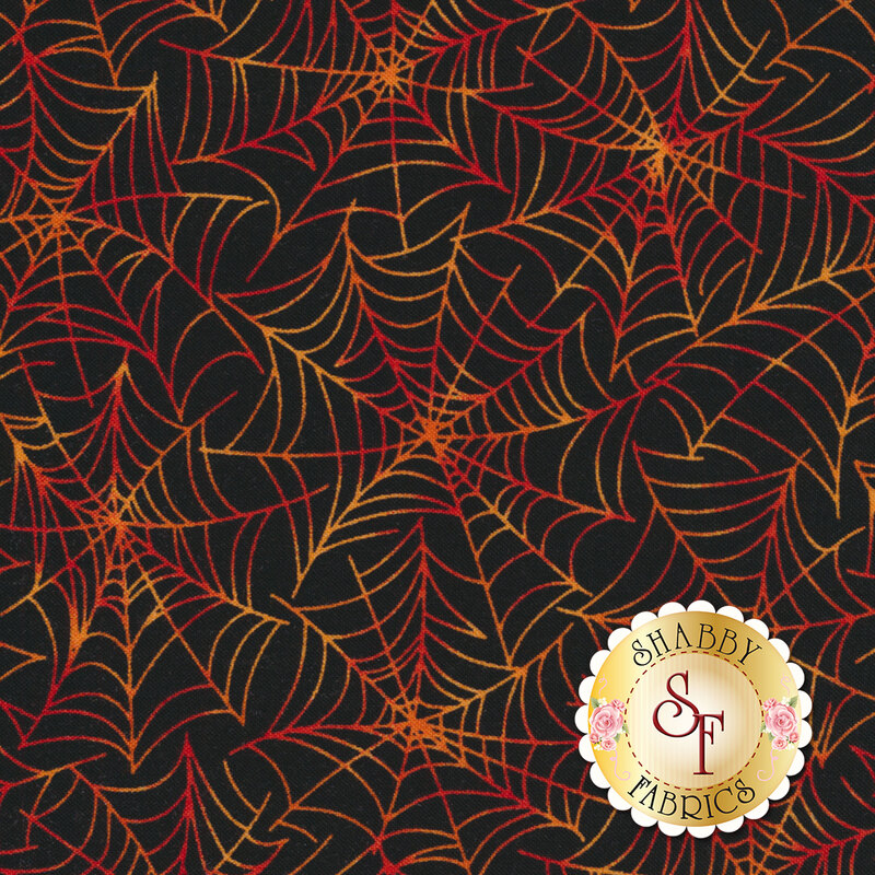 Orange spiderwebs all over black | Shabby Fabrics