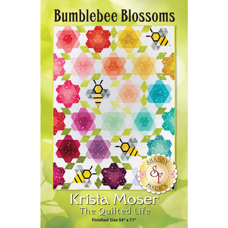 The front of the Bumblebee Blossoms pattern showing the finished quilt | Shabby Fabrics