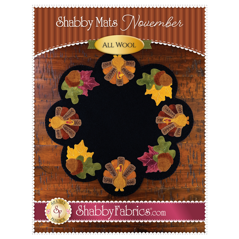 The front of the Shabby Fabrics pattern for November Shabby Mats features a circular wool mat with colorful turkeys and leaves.