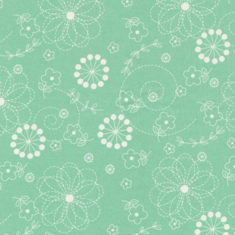 White flowers on teal | Shabby Fabrics