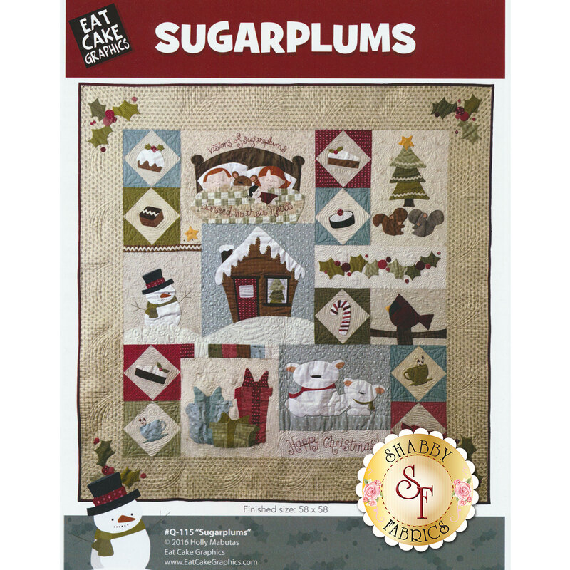 The front of the Sugarplums BOM Pattern showing the finished quilt hanging from a wall