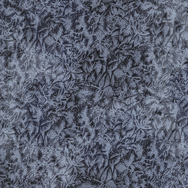 Tonal black fabric features mottled design with metallic frost accents