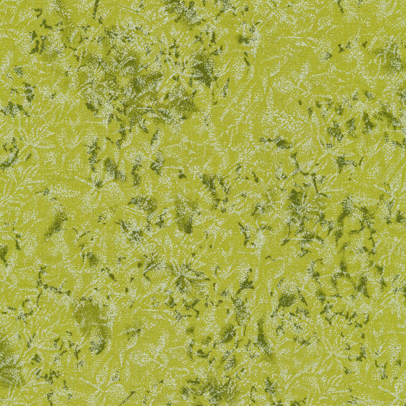 Tonal avocado green fabric features mottled design with metallic frost accents