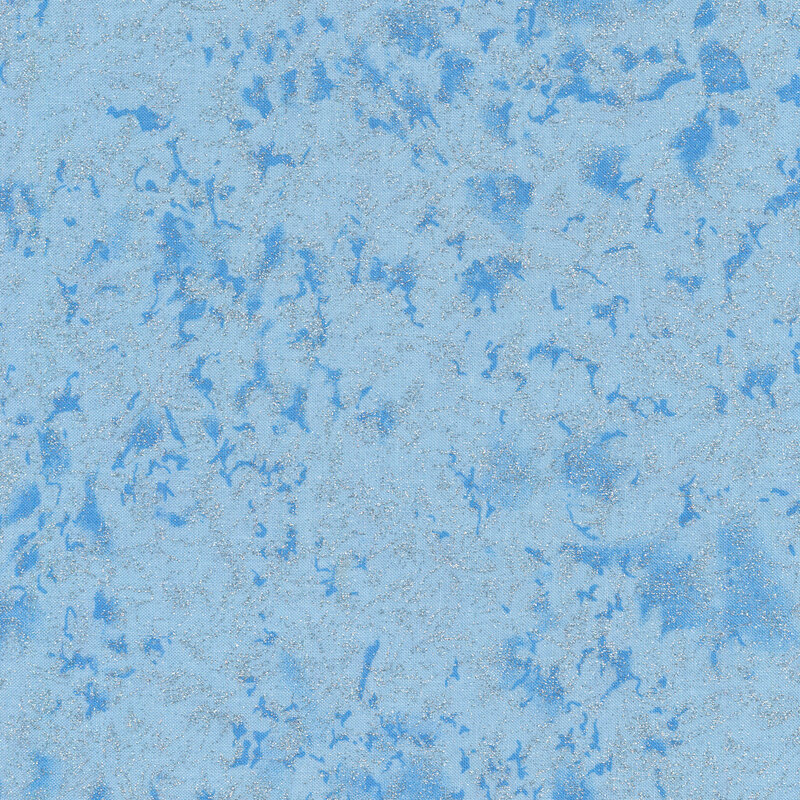 Tonal light blue fabric features mottled design with metallic glitter accents