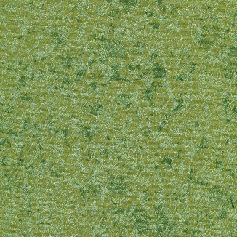 Tonal green fabric features mottled design with metallic frost accents