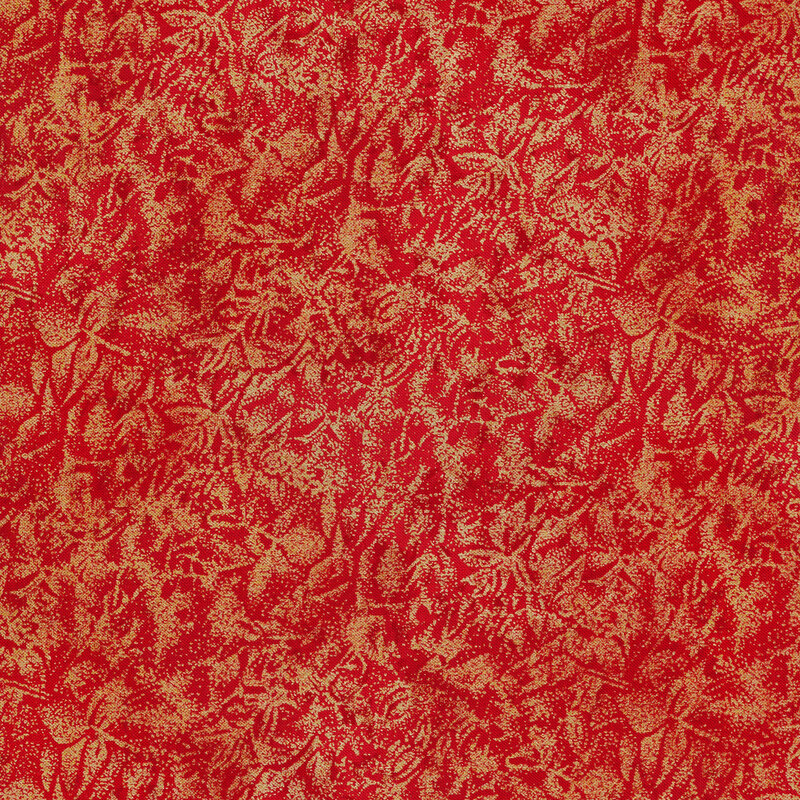 Tonal cherry red fabric features mottled design with metallic frost accents