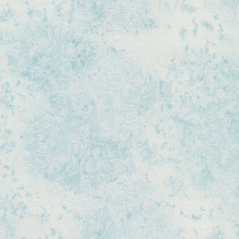 Tonal light blue fabric features mottled design with metallic frost accents