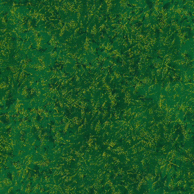 Tonal forest green fabric features mottled design with metallic glitter accents