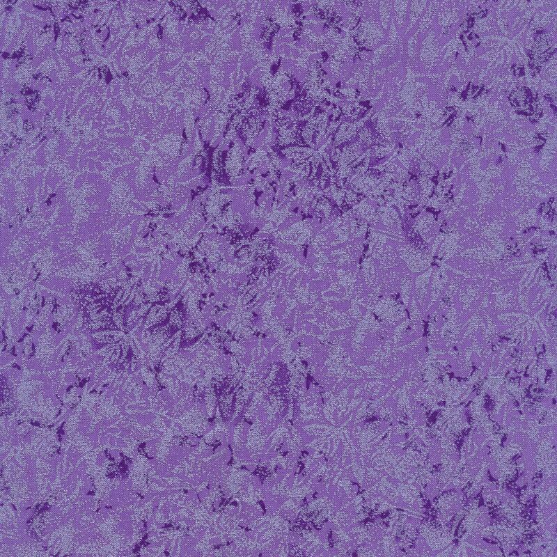 Tonal purple fabric features mottled design with metallic frost accents